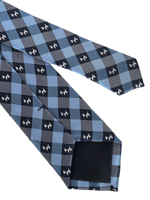 light blue  and dark navy blue plaid gingham style tie with Scottie dog Scottish Terrier design